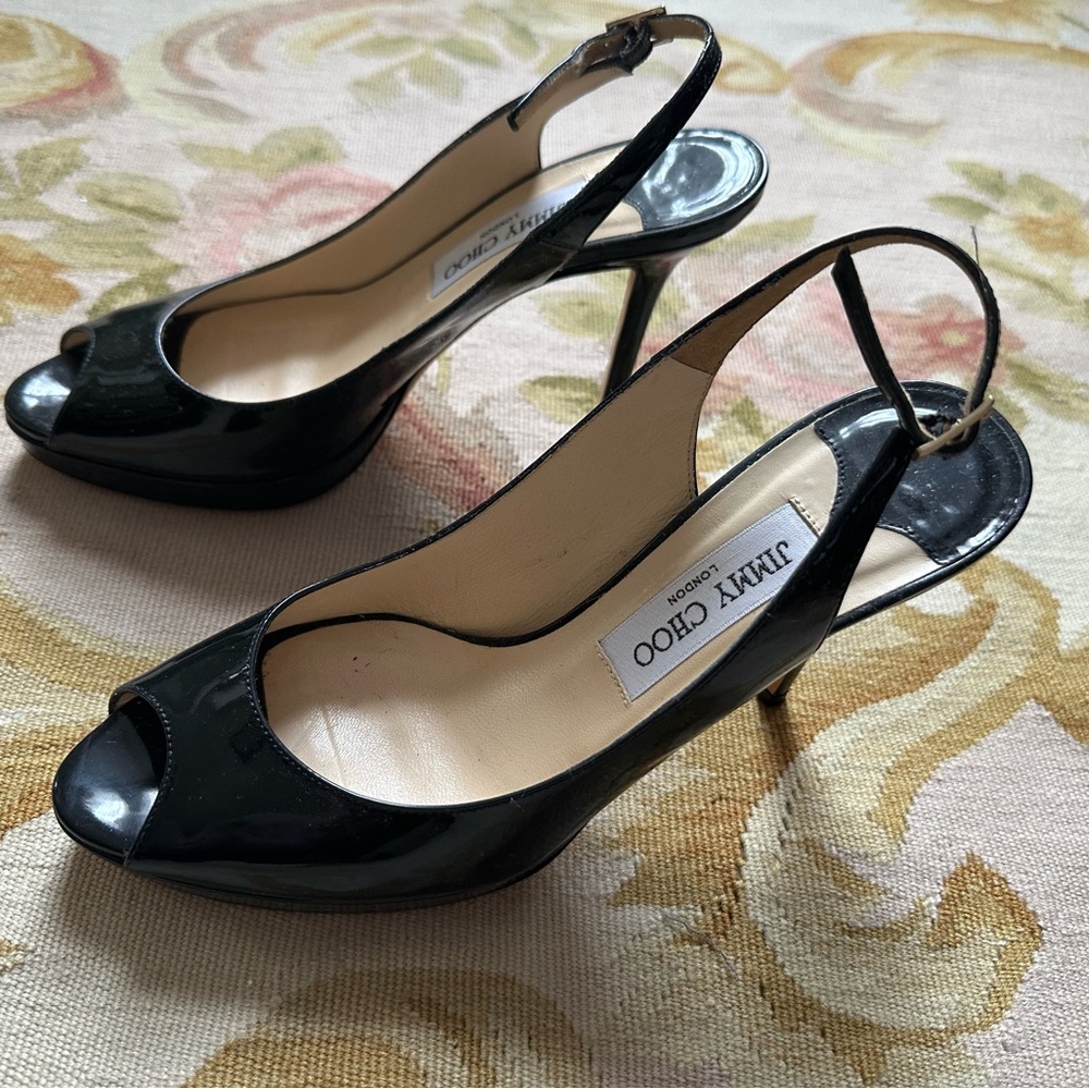 Jimmy Choo Patent Leather Peep Toe Slingback Heels - Size 37.5